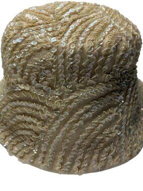 Vintage 40s 50s Buffums Cloche Bucket Hat Ivory Cream Beige Wool Hand Sequined